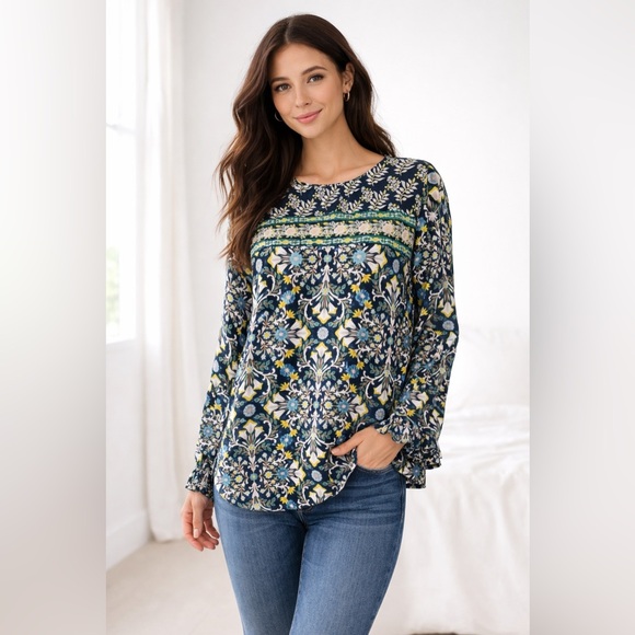 LOFT Floral Long Sleeve Blouse Navy Green Yellow Boho Top Size M - Picture 1 of 10